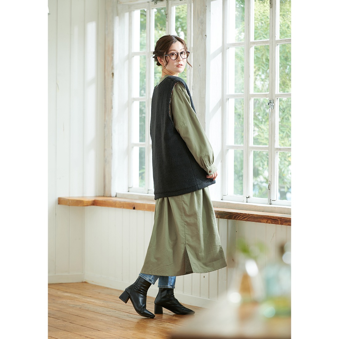 rib×chintz switching dress(ブークレーメランジリブドッキング