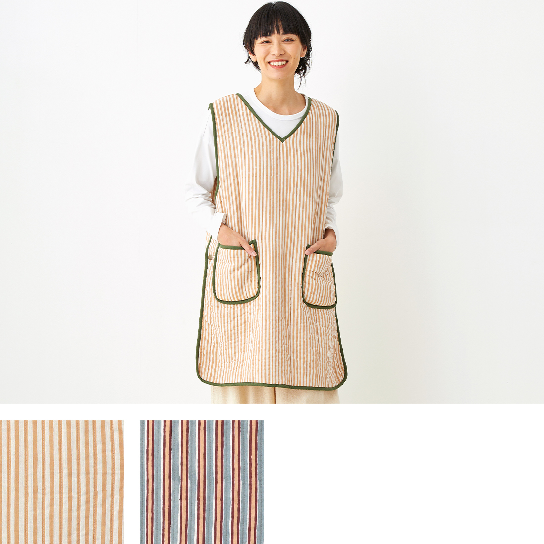 キルトエプロン ストライプブロックプリント