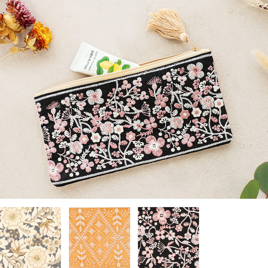 インド刺繍リボン細長ポーチ