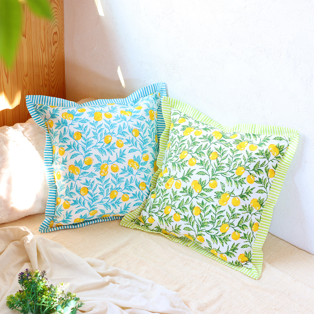 クッションカバー ボニータブロックプリント レモン