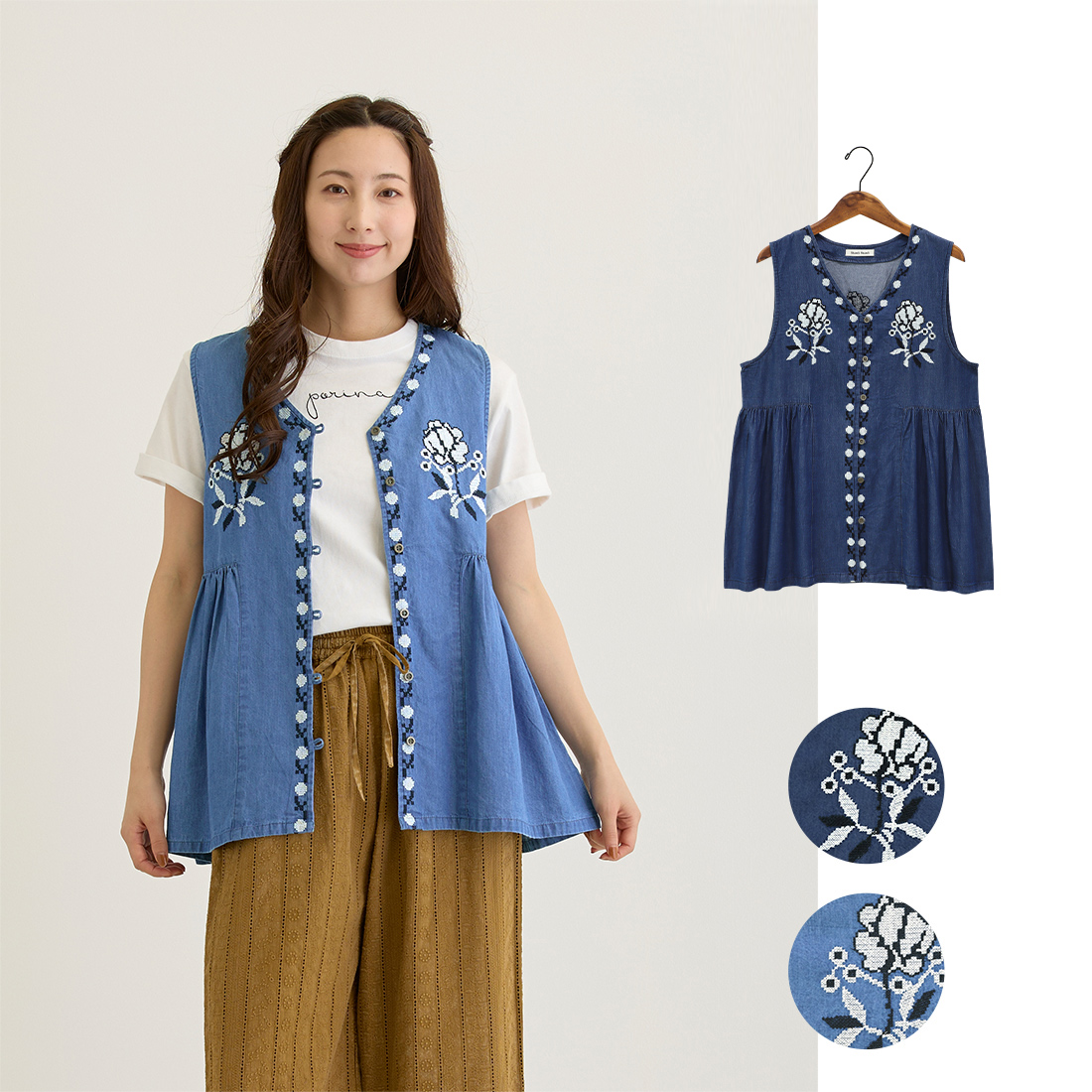 【Shanti Shanti】ベスト デニムエンブ