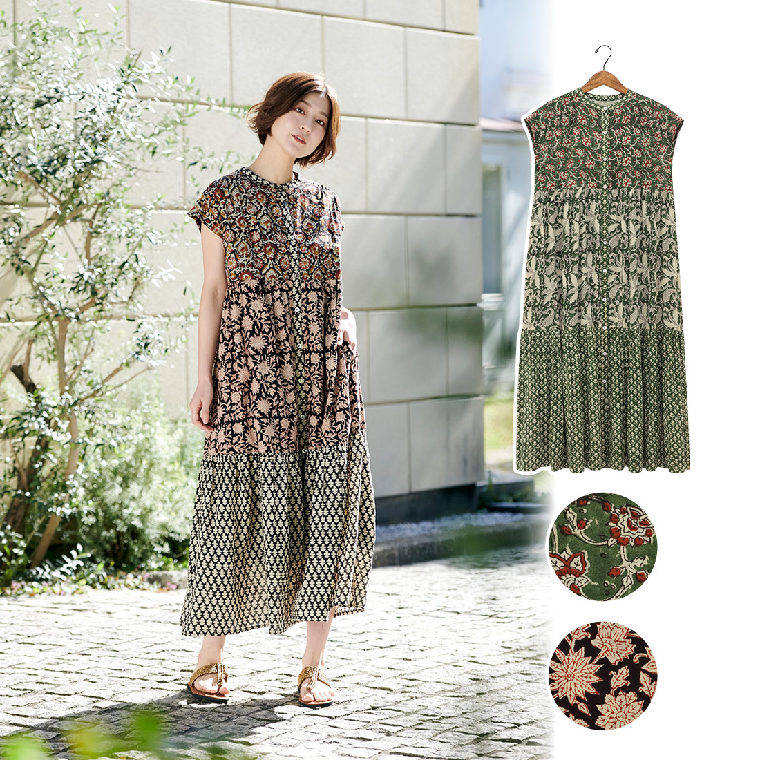 【Shanti Shanti】ティアードワンピース シックブロック